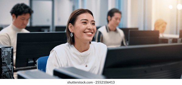 Japanese woman, smile and thinking of business ideas, future vision or dream in creative startup. Happy, computer or worker with reflection, planning or journalist with inspiration for news article