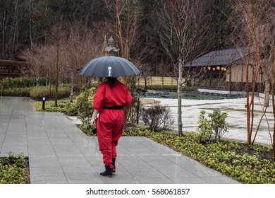 A Japanese Woman Walking Inside A Garden Holding An Umbrella On A Rainy Day. She Is Seen Wearing A Red Raincoat. On The Background, Several Trees And A Small Hut Is Seen Too.