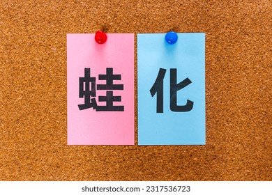 Japanese words “Kaeruka” on stickers to board. 