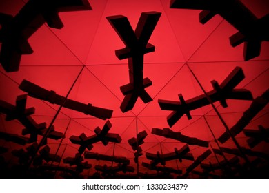 Japanese Yen or Chinese Yuan Currency Symbol With Many Mirroring Images of Itself on Red Background - Powered by Shutterstock