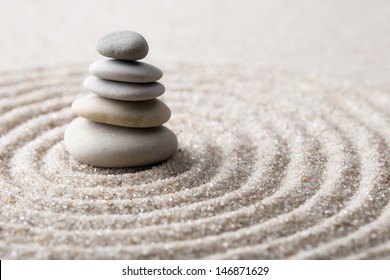 Japanese zen garden meditation stone for concentration and relaxation sand and rock for harmony and balance in pure simplicity - macro lens shot - Shutterstock ID 146871629