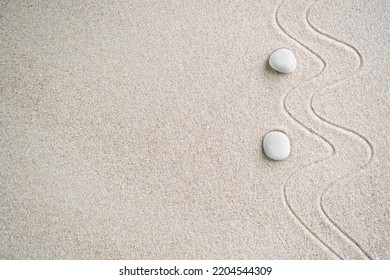 Japanese Zen Garden With Pebble With Line On Sand,mini Stone On Beach Backgrond Top View And Nobody,Ciircle Rock Balance Japan On Nature,Simplicity Purity Life,Relax Aromatherapy Spa And Yoga,Buddhism