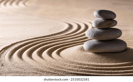 Japanese ZEN garden with stacked stones in raked sand
 - Powered by Shutterstock