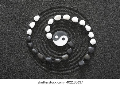 Japanese ZEN garden with yin and yang stone in raked sand