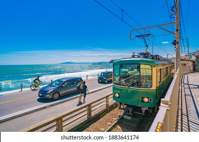 Japan's famous tourist destination, Enoshima. The sea and trains in Shonan