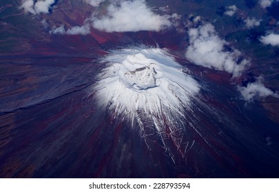 Japan's Mount Fuji Volcano With A Small Snowcap Seen From Above