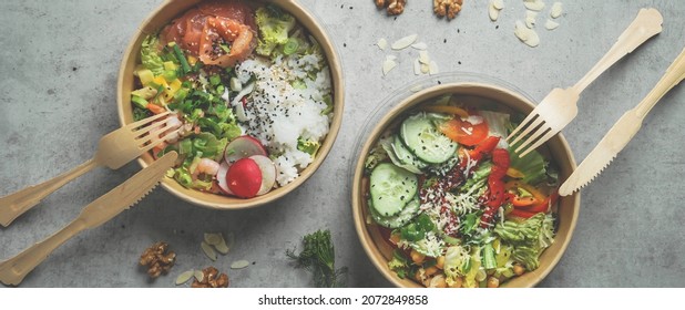 Japans Poke Bowl With Seafood And Salad And Vegan Bowl With Vegetables And Chickpeas In Sustainable Food Container At Grey Background. Eco-friendly Delivery Food With Plastic Free Cutlery. Top View. 