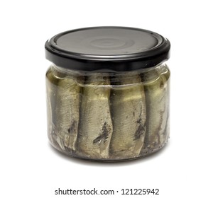 Jar Of Anchovy Fillets, Isolated On White Background.