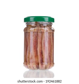 Jar Of Anchovy Fillets. Isolated On White Background.