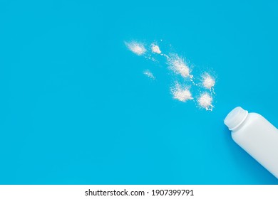 Jar With Baby Powder From Diaper Rash On A Blue Background, Flatley, Top View, Copy Space For Text, Mockup. Baby Hygiene, Background For Newborn Boys.