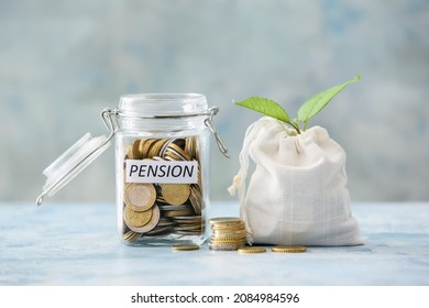 Jar And Bag With Savings And Young Plant On Color Background. Concept Of Pension