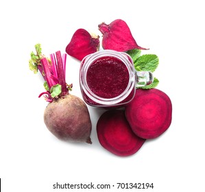 Jar Of Beet Smoothie On White Background