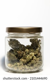 Jar Of Cannabis Flower On White Background 