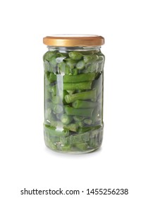 Jar With Canned Green Beans On White Background