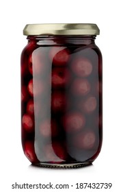 Jar of cherry compote isolated on white