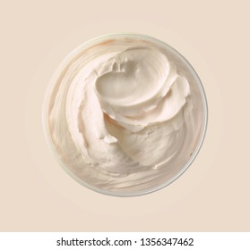 jar of cosmetic cream body butter on light background, top view