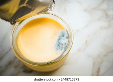 A jar of custard has succumbed to mold, the surface marred by spoilage, exemplifying the importance of food preservation