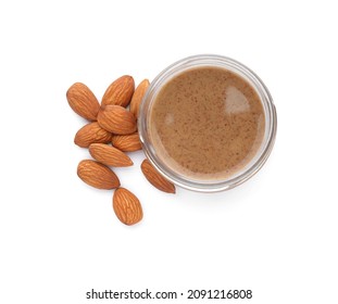 Jar With Delicious Almond Butter And Nuts On White Background, Top View