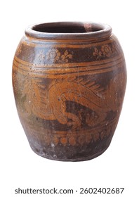 Jar dragon pattern isolated on white background. big earthen jar clipping path isolated object. traditional Thai vintage jar clipart for isolated , clipping path , clipart element