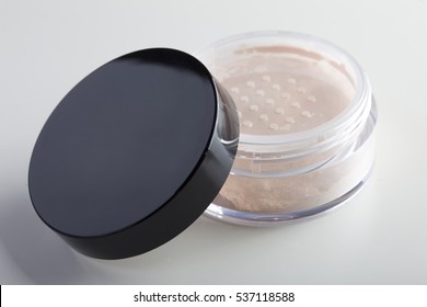 Jar Of Face Powder. Professional Cosmetics. Loose Powder. Tools Make-up Artist. Natural Beige Color.