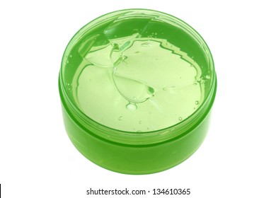 A Jar Of Fresh Aloe Vera Gel Isolated On White Background. Aloe Vera Is Natural Remedy For Sunburn Relief And Cure Many Things