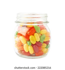 Jar Full Of Jelly Bean Candy Sweets, Composition Isolated Over The White Background