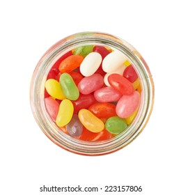 Jar Full Of Jelly Bean Candy Sweets, Composition Isolated Over The White Background, Top View Above