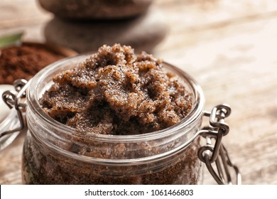 Jar with handmade natural body scrub, closeup