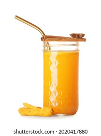 Jar Of Healthy Turmeric Drink On White Background