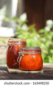 Jar Of Home Made Classic Spicy Tomato, Chillie, Garlic And Peper Sauce Salsa