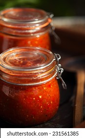 Jar Of Home Made Classic Spicy Tomato, Chillie, Garlic And Peper Sauce Salsa