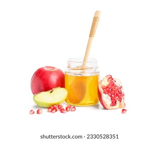Jar of honey and fresh fruits on white background. Rosh hashanah (Jewish New Year) celebration - Powered by Shutterstock