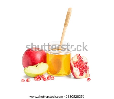 Jar of honey and fresh fruits on white background. Rosh hashanah (Jewish New Year) celebration