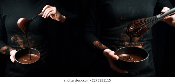 A jar of melted chocolate in the hands of a chocolatier. Kitchen whisk. On a black background. - Powered by Shutterstock