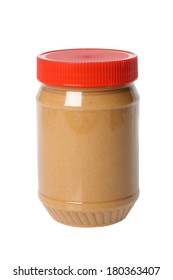 Jar of peanut butter, cutout on white background