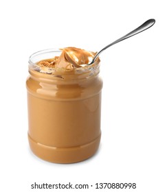 Jar With Peanut Butter On White Background