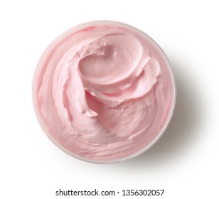 jar of pink cosmetic cream body butter isolated on white background, top view