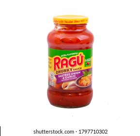 A Jar Of Ragu Chunky PIzza Or Pasta Sauce Isolated On White For Illustrative Editorial