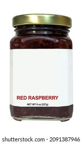Jar of red raspberry jam isolated on white. Blank label.