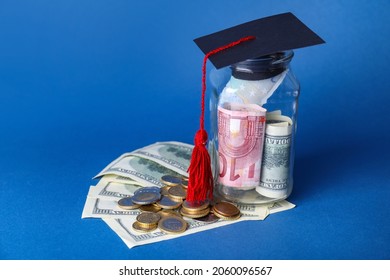 Jar With Savings For Education And Graduation Hat On Color Background