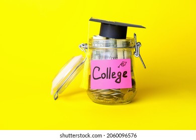 Jar With Savings For Education And Graduation Hat On Color Background