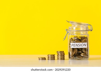 Jar With Savings On Color Background. Concept Of Pension