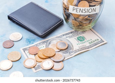 Jar With Savings And Wallet On Color Background. Concept Of Pension