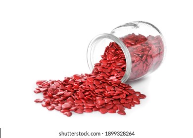 Jar And Scattered Candy Hearts On White Background
