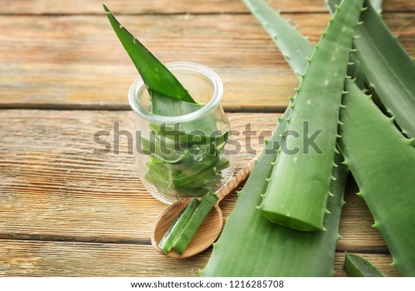 Jar Spoon Cut Aloe Vera Leaves Stock Photo Edit Now 1216285708
