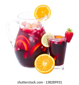 jar  and tall glass of cold sangria wine isolated on white background