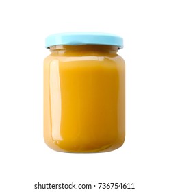 Jar Of Tasty Baby Food, Isolated On White