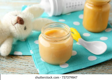 Jar Of Tasty Baby Food On Table