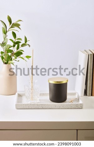 A jar of unlabeled scented candles and a bottle of essential oils are placed on the tray. Green leafy branches are placed in ceramic vases and books are on the table. White background for advertising.