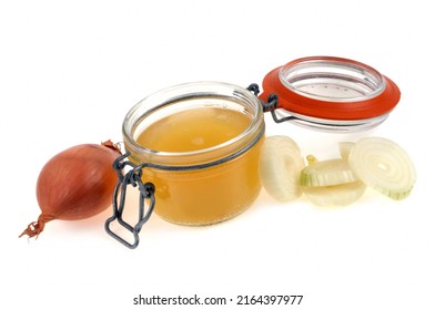 Jar Of White Onion Juice And Its Ingredients On A White Background